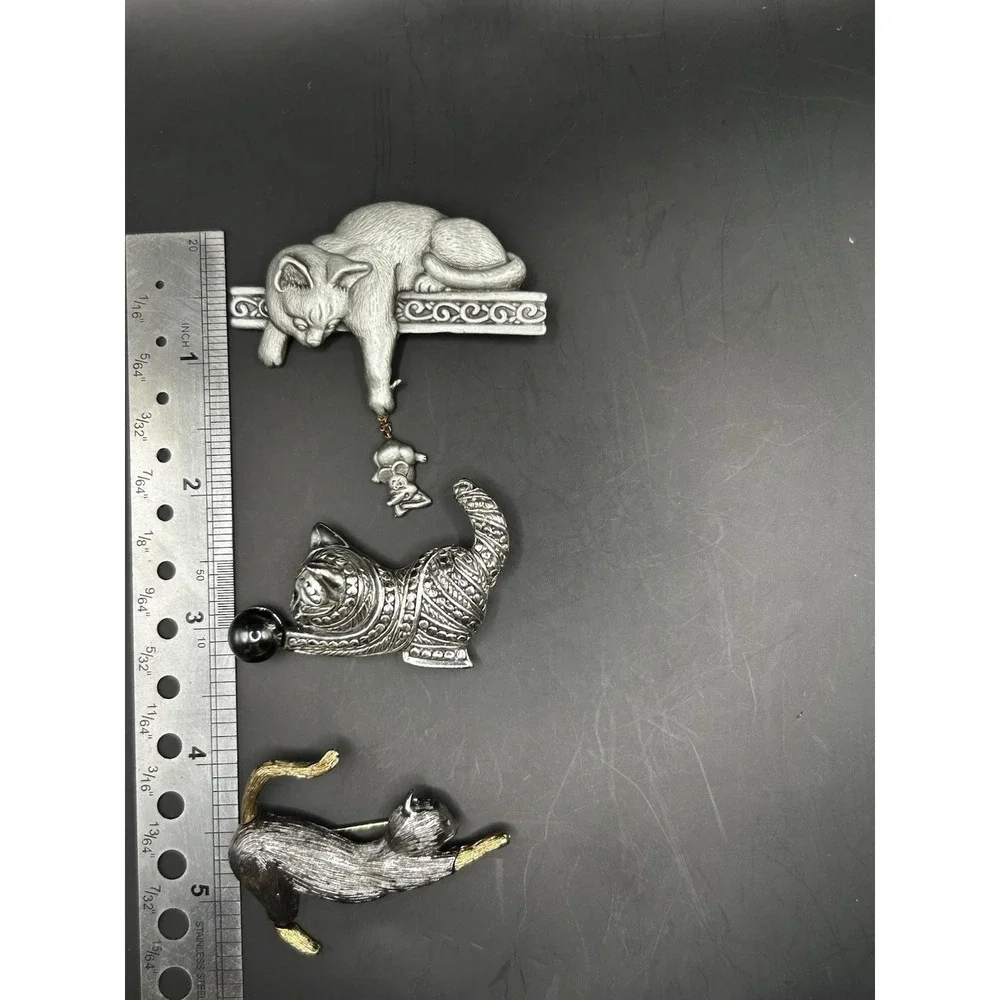 Vintage Cat Brooch Pins Pewter Black Enamel Articulated Hanging Mouse